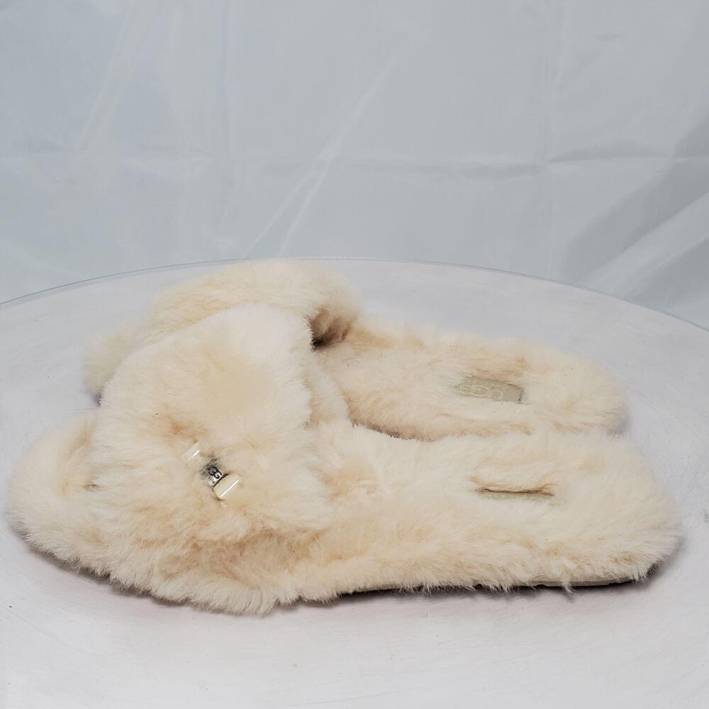 UGG Shearling Fluff Slide Slippers Women 6 Cream White Fur Sheepskin Bow F27014B